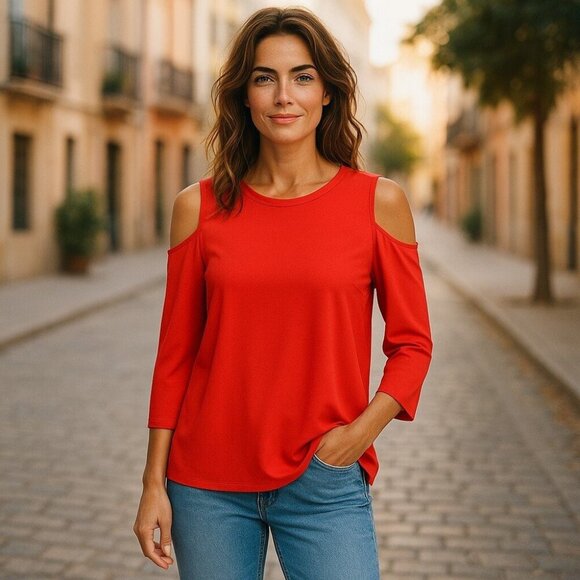 Karen Millen Orange Knit Cold Shoulder Fitted Top Size US 6 Stretch New Tag - Picture 1 of 11